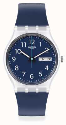 Swatch Repetição de enxágue | Mostrador azul marinho de 34 mm | pulseira de silicone azul marinho GE725