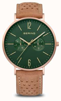 Bering Classic | homens | tapete de ouro rosa | pulseira de couro marrom 14240-668