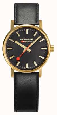 Mondaine Evo2 ouro 30mm | pulseira de couro preta | mostrador preto | caixa de ouro ip MSE.30120.LB