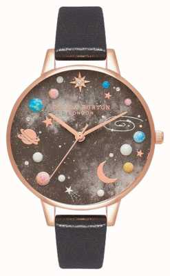 Olivia Burton Bracelete de couro preta com mostrador do planeta celestial OB16GD83