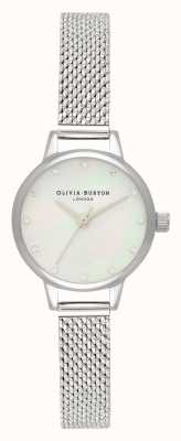 Olivia Burton Mini mostrador em madrepérola branca, marcadores de brilho e relógio de malha prata boucle OB16MN04