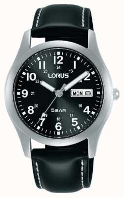 Lorus Relógio de quartzo clássico de 38 mm com pulseira de couro com mostrador preto RXN79DX9
