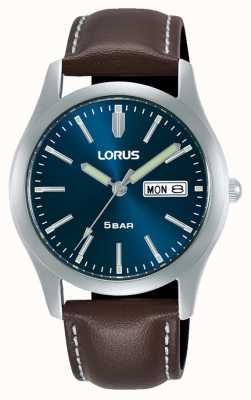 Lorus Relógio de quartzo clássico de 38 mm com pulseira de couro com mostrador azul RXN81DX9