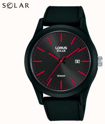 Lorus Pulseira de silicone preto vermelho relógio solar 42 mm RX303AX9