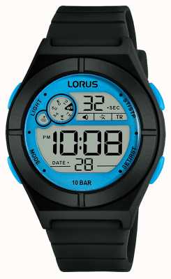 Lorus Relógio digital feminino com pulseira de silicone preta, detalhes em azul R2361NX9
