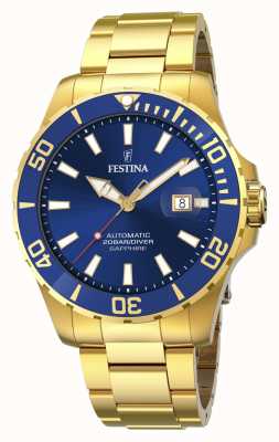 Festina Masculino | mostrador azul | pulseira banhada a ouro | relógio automático F20533/1