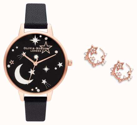 Olivia Burton Conjunto de presentes de brincos e relógio de ouro rosa e preto celestial Ramadan OB16GSET40