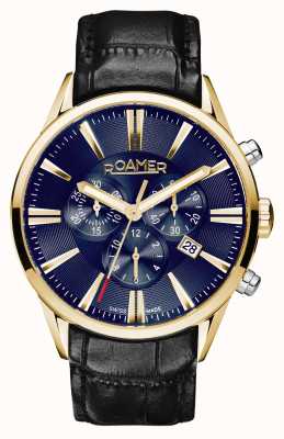 Roamer Bracelete de couro preto bicolor com mostrador azul crono superior 508837 47 85 05