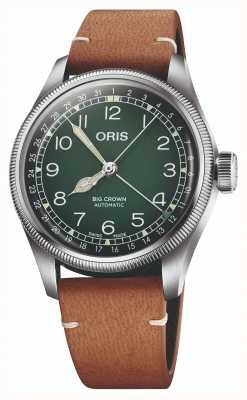 ORIS X cervo volante ponteiro grande coroa data automático (38 mm) mostrador verde / pulseira de couro marrom 01 754 7779 4067-SET