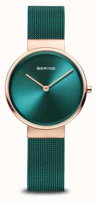 Bering Clássico | mostrador de raios de sol verde | pulseira verde milanesa | caixa de aço inoxidável de ouro rosa escovado 14531-869