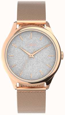 Timex Caixa em tom de ouro rosa com mostrador de glitter prateado e pulseira em tom de ouro rosa TW2V01400