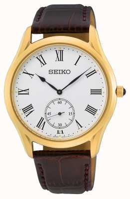 Seiko Pulseira de couro marrom mostrador branco relógio banhado a ouro amarelo SRK050P1