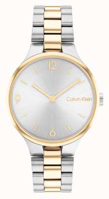 Calvin Klein Relógio de dois tons de ouro e prata com mostrador de raios de sol prateado 25200132