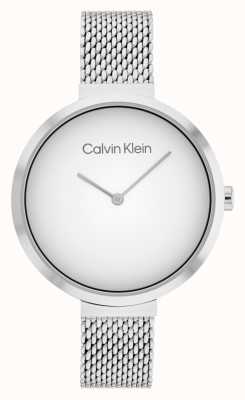 Calvin Klein Pulseira de malha de aço inoxidável minimalista com barra em T mostrador branco 25200079