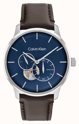 Calvin Klein Relógio masculino automático com pulseira de couro marrom e mostrador azul 25200075