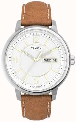 Timex Bracelete de couro marrom com mostrador branco Chicago TW2V28900