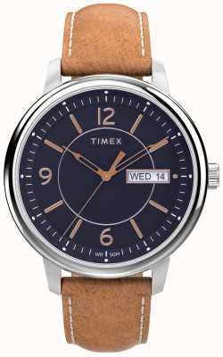 Timex Pulseira de couro marrom com mostrador azul Chicago TW2V29000
