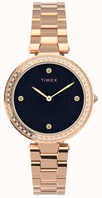 Timex Mulher | adornar com cristais preto mostrador | pulseira de ouro rosa TW2V24600