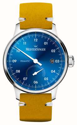 MeisterSinger Primatic novo | mostrador azul médio | pulseira de couro bege PR918