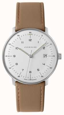 Junghans Relógio de couro bege com mostrador branco max bill masculino cristal de safira 41/4562.02