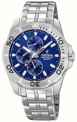 estina Relógio multifuncional masculino com pulseira de aço, mostrador azul F20445/2