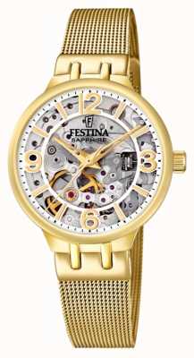 Festina Relógio feminino esqueleto dourado com pulseira de malha F20580/1