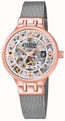 Festina Relógio feminino esqueleto em tom de ouro rosa com pulseira de malha F20581/1