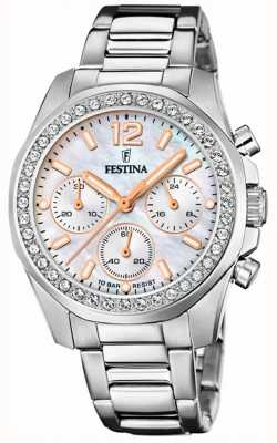 estina Relógio crono feminino c/conjuntos cz e pulseira de aço F20606/1