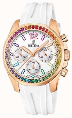 Festina Relógio crono feminino em aço rosa com pulseira de borracha F20611/2
