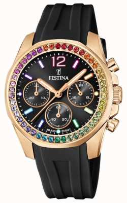 estina Relógio crono feminino rosa-plt.steel c/ pulseira de borracha F20611/3