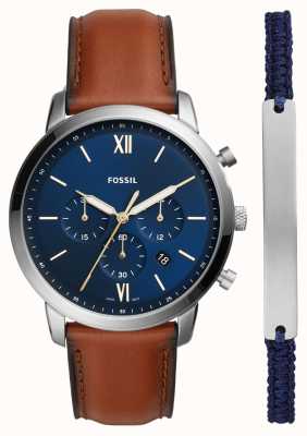 Fossil Crono neutro masculino | conjunto de pulseiras | mostrador azul | pulseira de couro marrom | FS5708SET