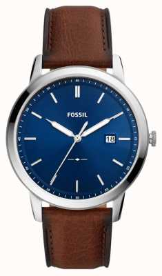 Fossil minimalista masculino | mostrador azul | alça de couro marrom FS5839
