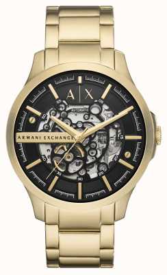 Armani Exchange Masculino | automático | mostrador esqueleto preto | pulseira de aço inoxidável de ouro AX2419