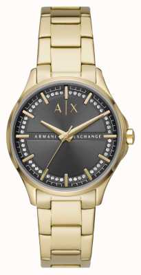 Armani Exchange Feminino | mostrador conjunto de cristal cinza | pulseira de aço inoxidável de ouro AX5257