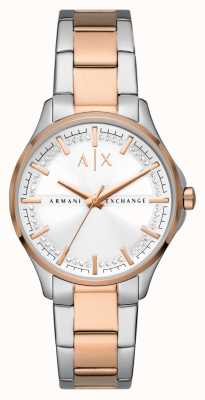 Armani Exchange Feminino | mostrador conjunto de cristal branco | pulseira de aço inoxidável de dois tons AX5258