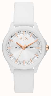 Armani Exchange Feminino | mostrador conjunto de cristal branco | pulseira de borracha branca AX5268