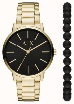 Armani Exchange Conjunto de relógios e pulseiras masculinos | relógio de aço inoxidável em ouro | pulseira de contas pretas AX7119
