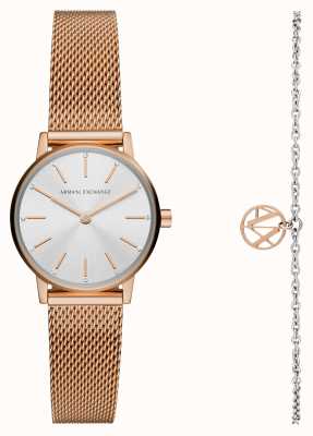 Armani Exchange Conjunto de relógios e pulseiras para mulheres | mostrador de prata | pulseira de malha de aço de ouro rosa AX7121