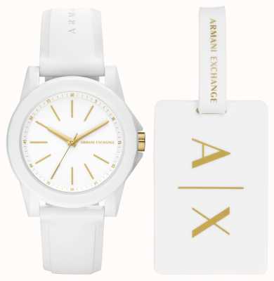 Armani Exchange Feminino | relógio e etiqueta de bagagem | alça de silicone branca AX7126