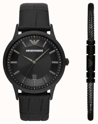 Emporio Armani Masculino | conjunto de relógios e pulseiras | alça de couro preta AR80057