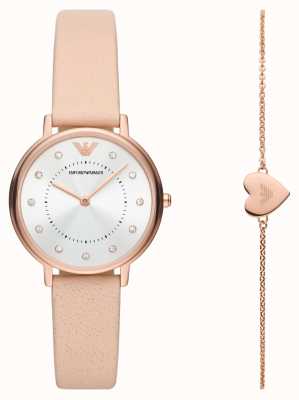 Emporio Armani Conjunto de presentes feminino | relógio pulseira de couro rosa | pulseira tom de ouro rosa AR80058