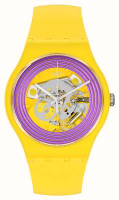 Swatch Relógio de discagem esqueleto amarelo anéis roxos SO29J100
