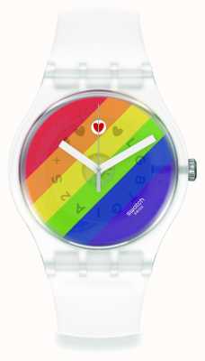 Swatch Relógio de mostrador arco-íris feroz com listras de orgulho SO29K701