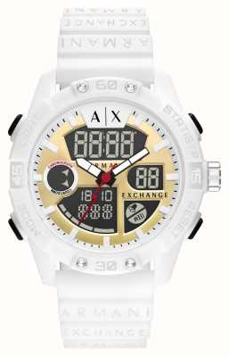 Armani Exchange Mostrador duplo relâmpago de exibição | pulseira de borracha branca AX2961