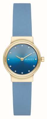 Skagen Freja lille relógio de couro azul claro caixa dourada SKW3059
