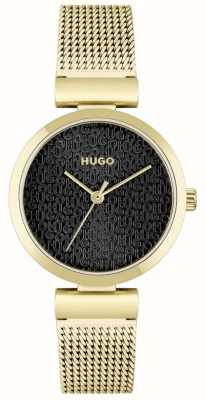 HUGO #doce feminino | pulseira de malha banhada a ouro | mostrador preto 1540129
