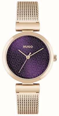 HUGO #doce feminino | pulseira de malha de ouro rosa | mostrador roxo 1540128